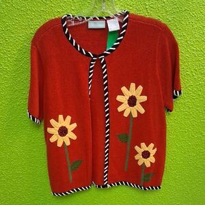 Floral Red Sweater with Black Trim